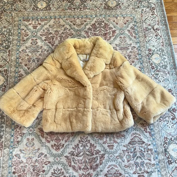Genuine Rex Rabbit Fur Designer Trilogy cropped jacket coat S M ivory tan cream - Picture 11 of 11